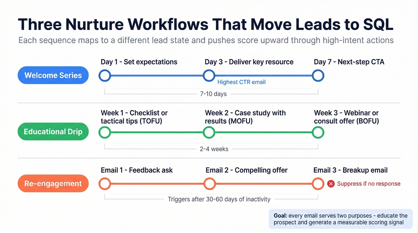 Three nurture workflow sequences mapped to timeline