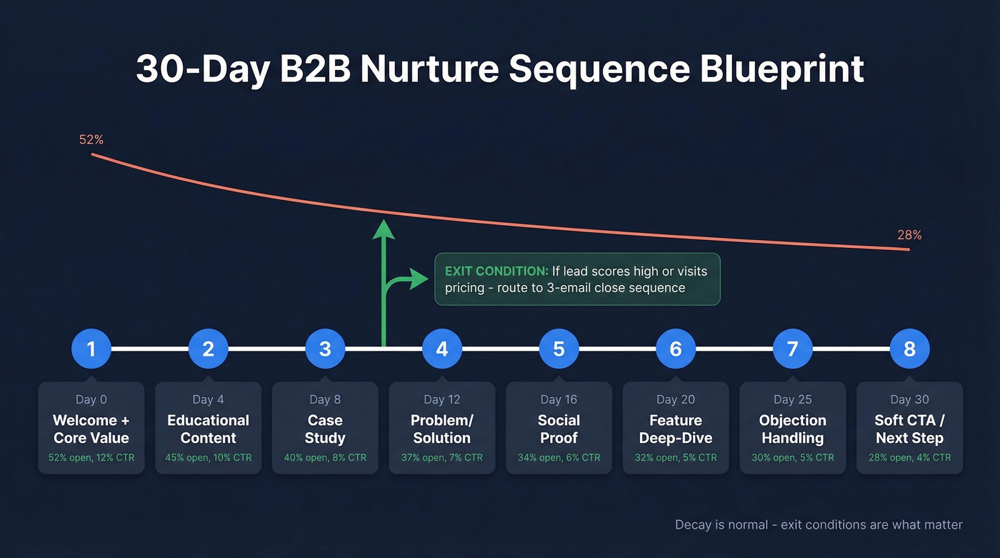 30-day nurture sequence timeline with open rate decay curve