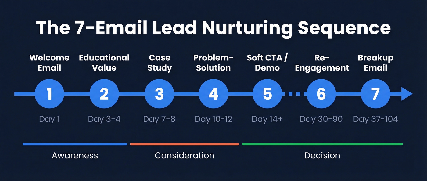 7-email nurture sequence timeline with send days and purposes
