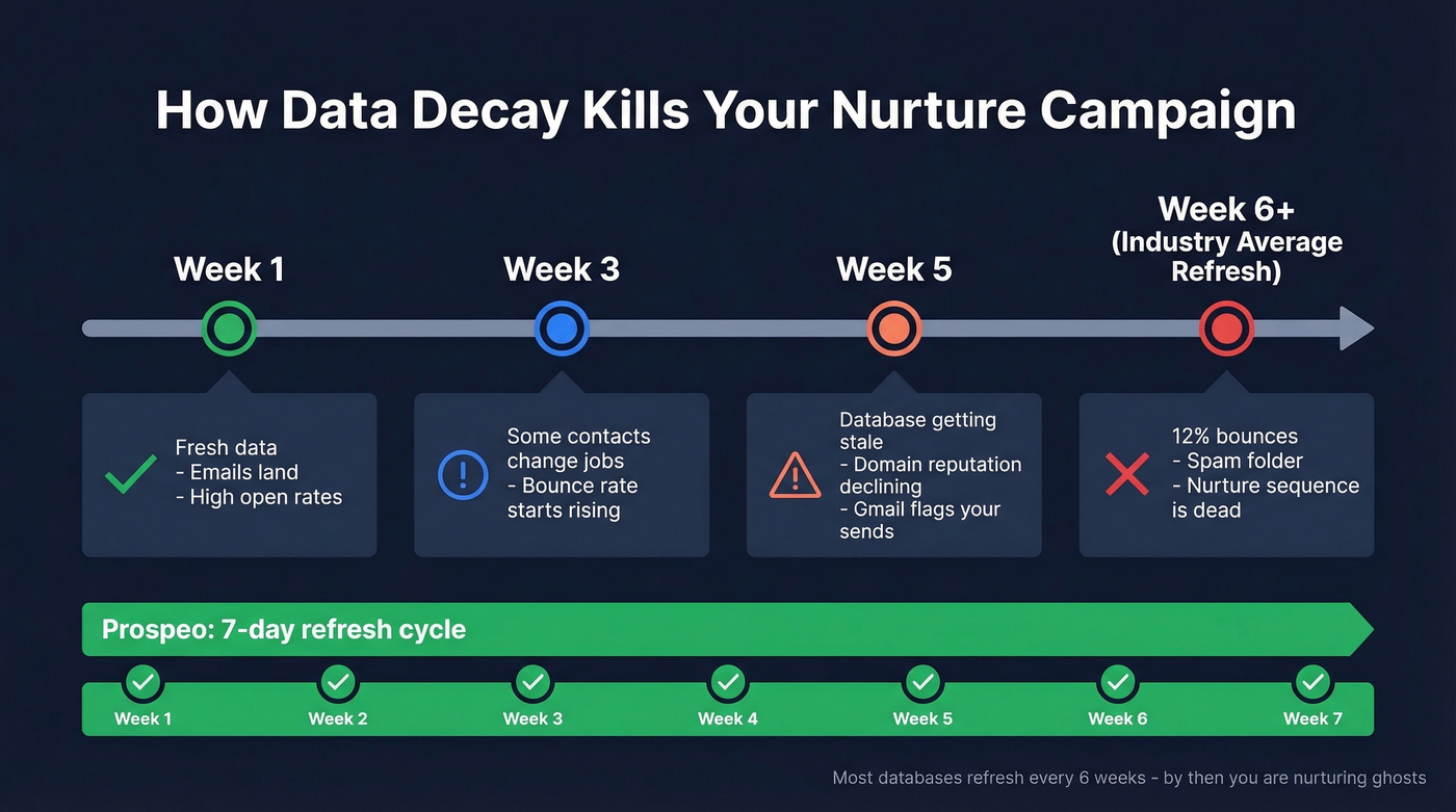 Data decay timeline showing how stale contacts kill nurture campaigns