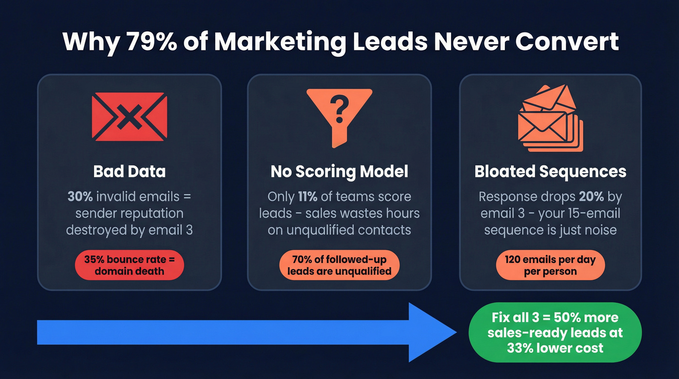 Three common lead nurturing failures visualized with causes and effects
