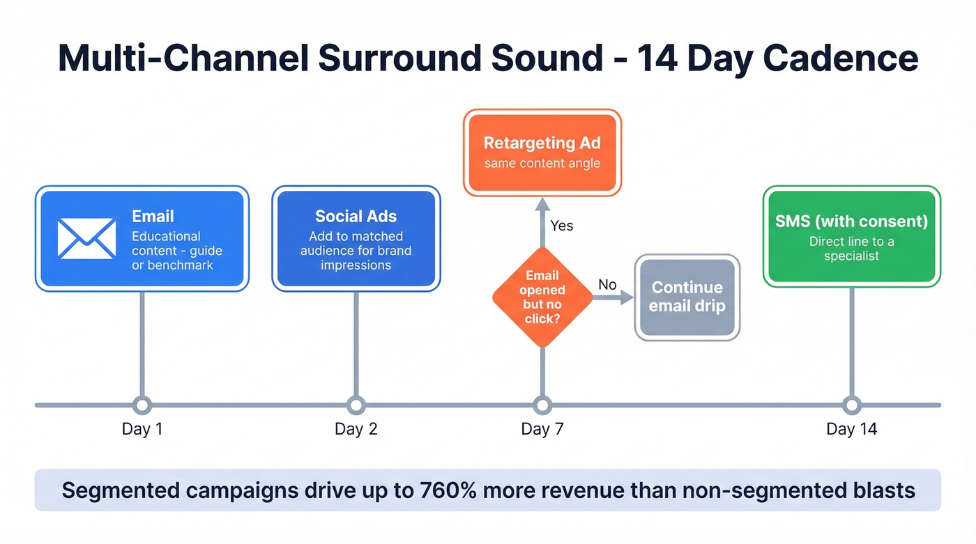 Multi-channel nurture cadence timeline across email, social, ads, SMS