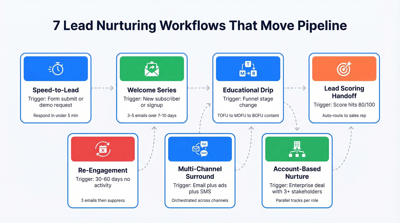 Overview of seven lead nurturing workflows and their triggers