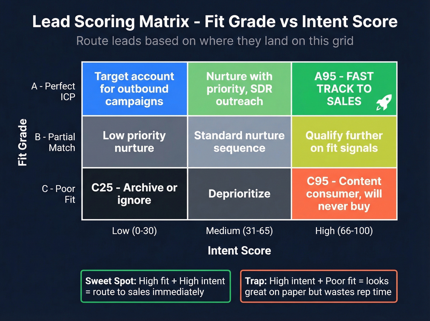 Visual lead scoring model with fit grade and intent score matrix