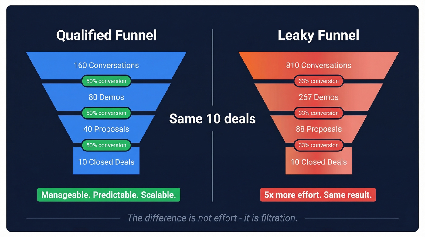 Funnel math comparing 50% vs 33% conversion rates