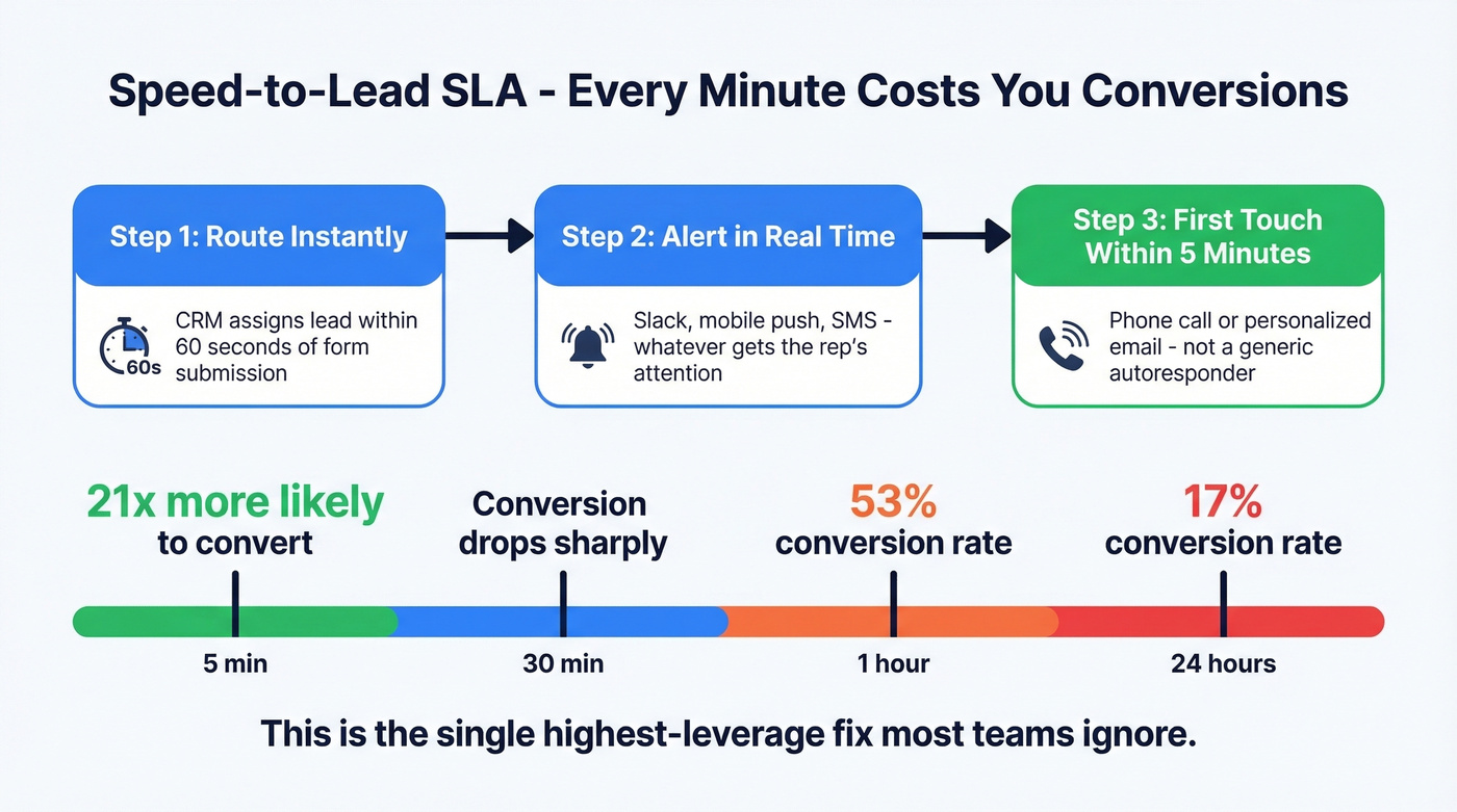 Speed-to-lead SLA workflow with conversion drop-off timeline