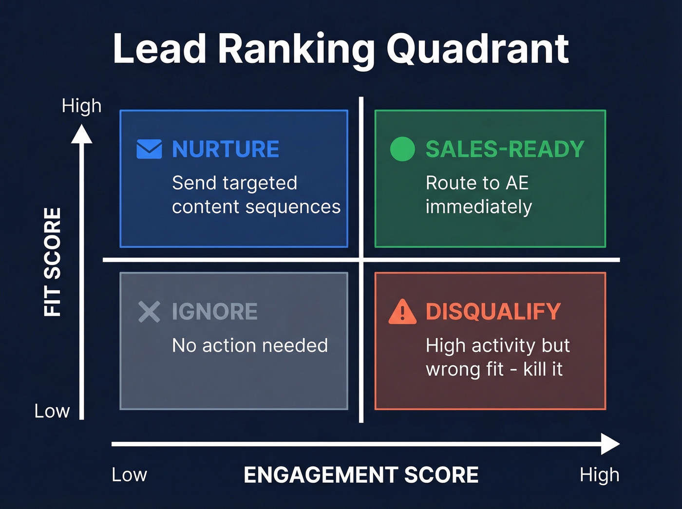 Two-axis lead ranking quadrant with fit vs engagement