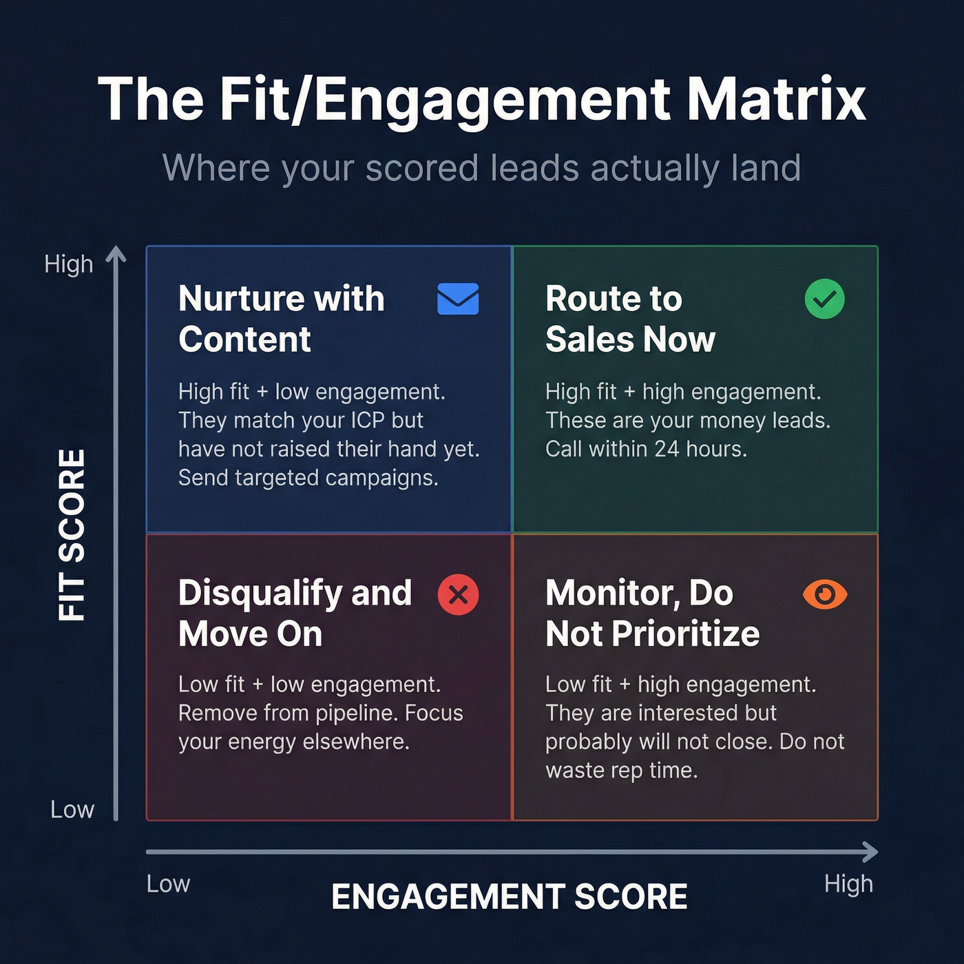 Lead scoring fit vs engagement quadrant matrix