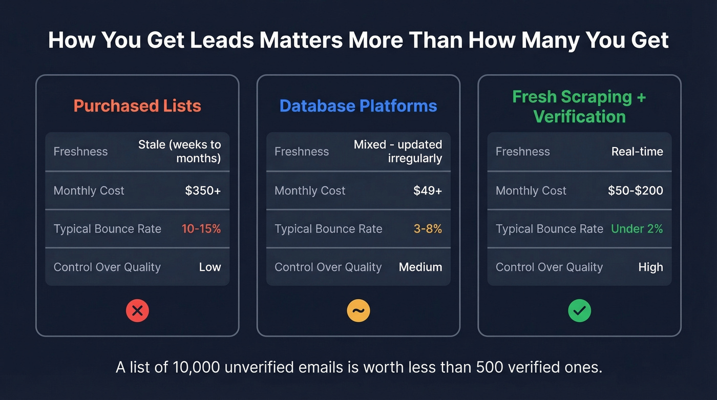 Comparison of three lead sourcing approaches with metrics