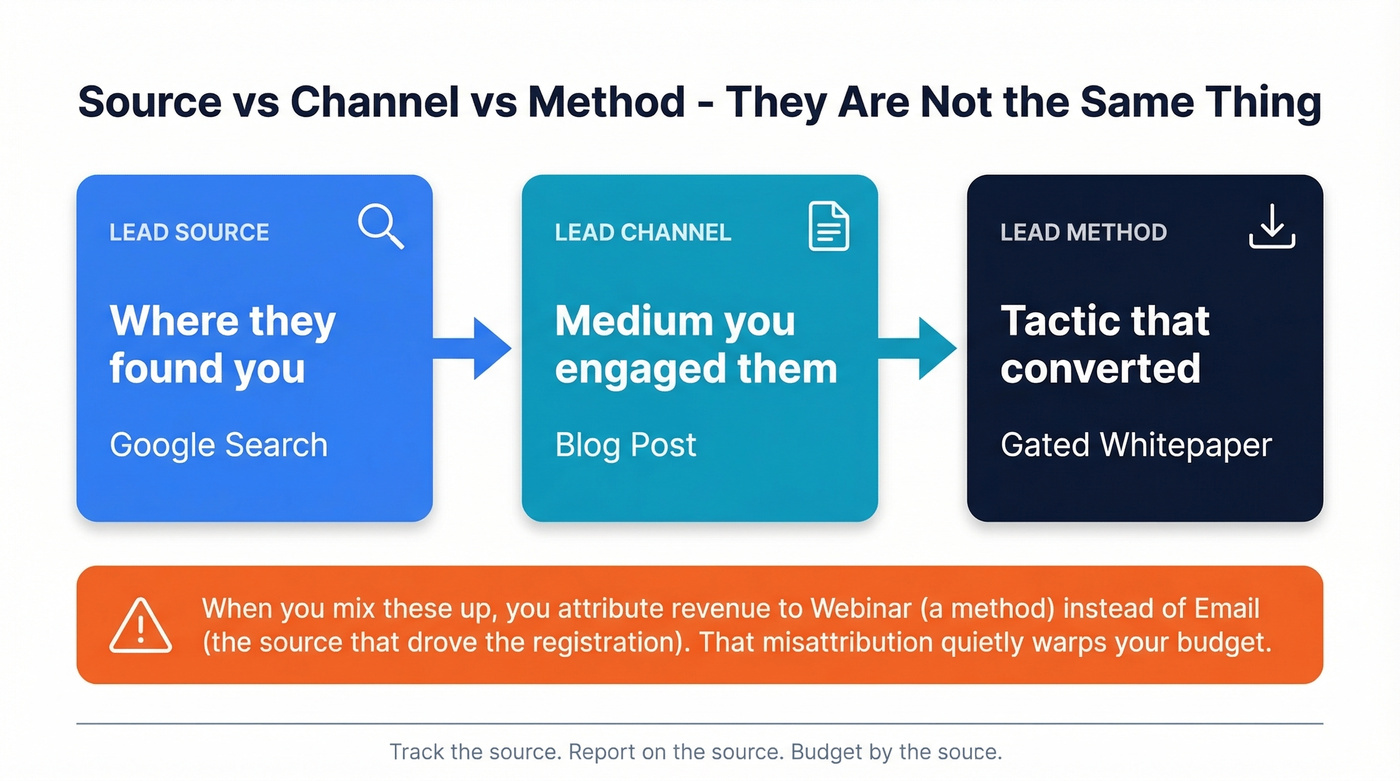 Lead source vs channel vs method distinction diagram