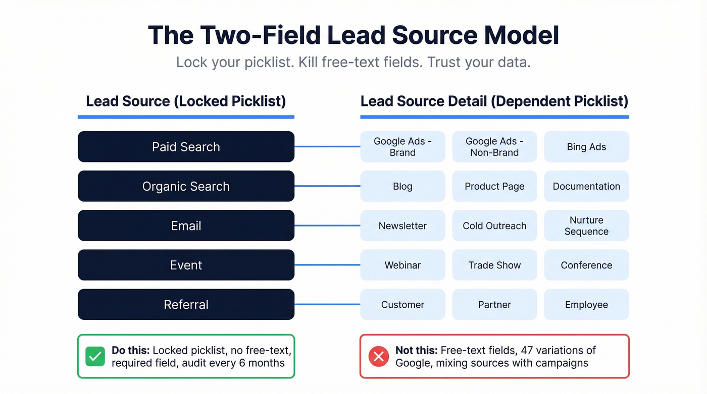 Two-field CRM lead source taxonomy diagram