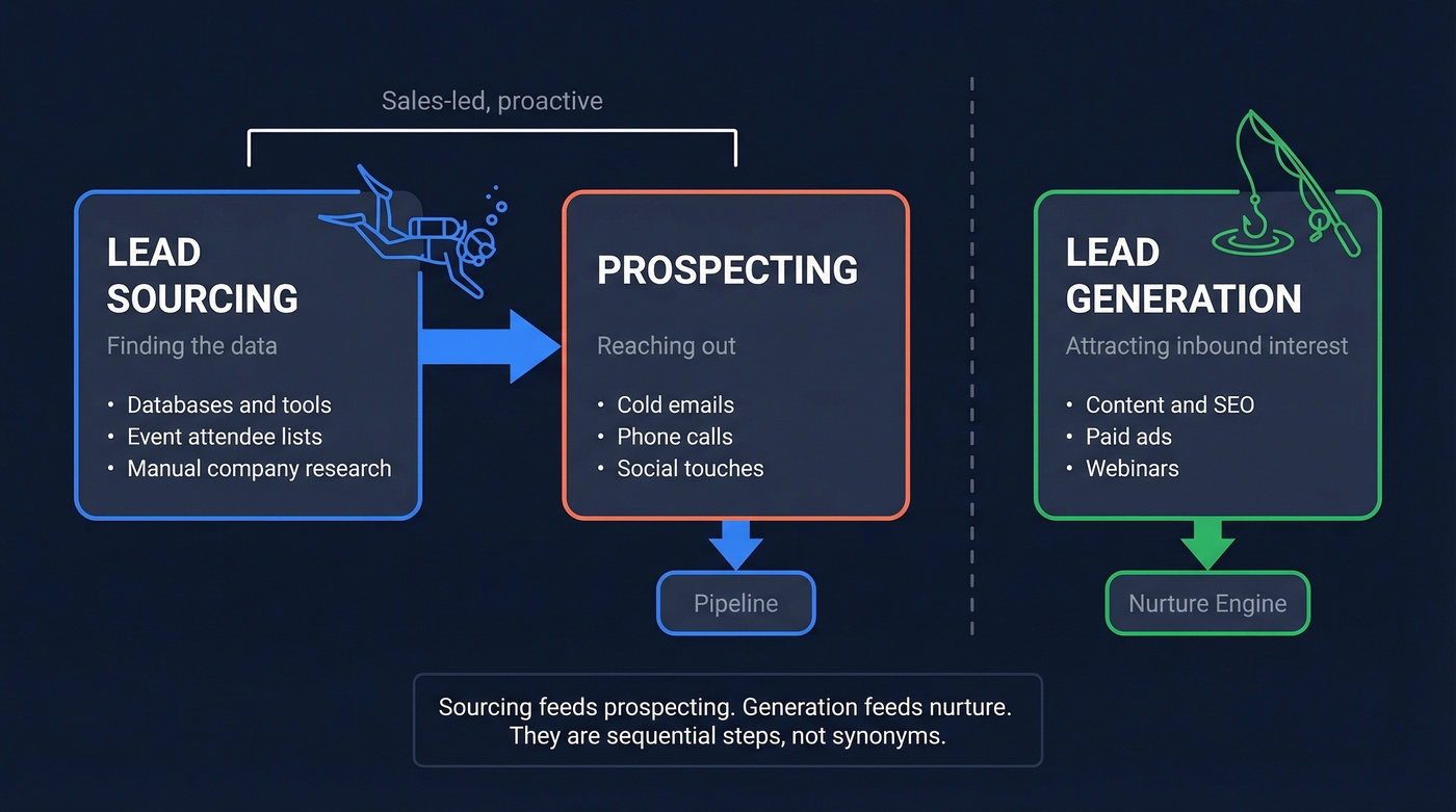 Lead sourcing vs generation vs prospecting relationship diagram