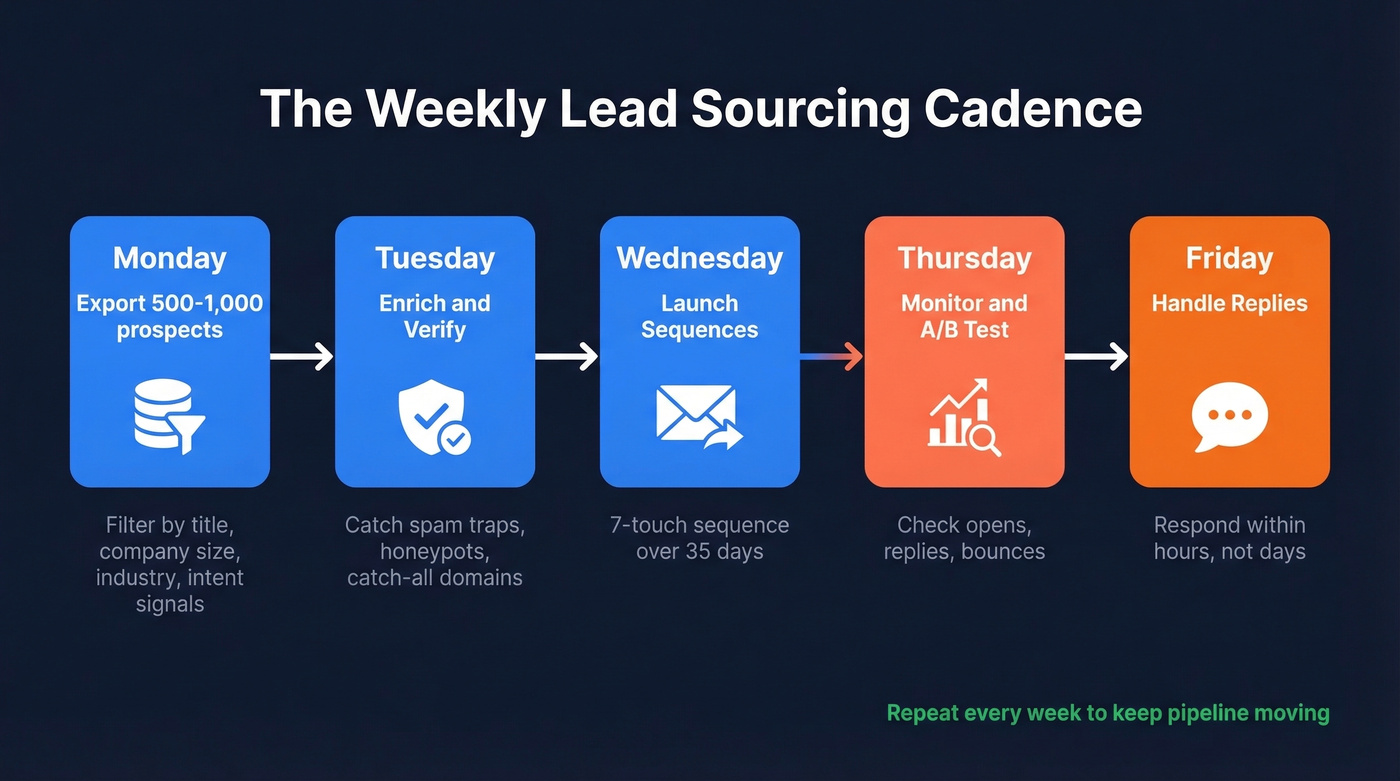 Monday to Friday lead sourcing weekly workflow