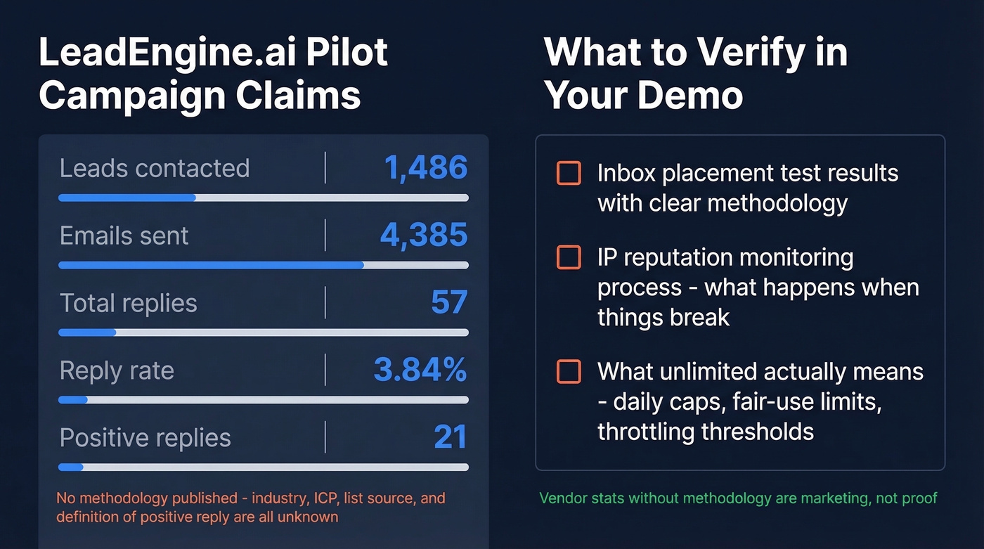 LeadEngine.ai pilot campaign claims with verification checklist