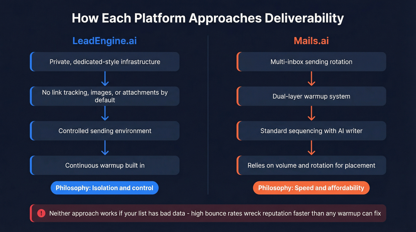 Deliverability approach comparison between LeadEngine.ai and Mails.ai