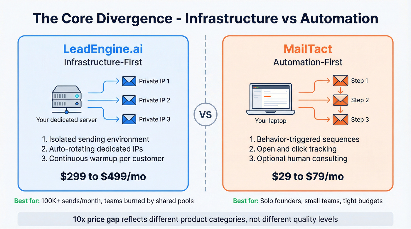 Infrastructure philosophy comparison between LeadEngine.ai and MailTact