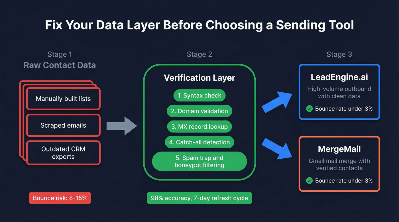 Data verification workflow feeding into both sending tools