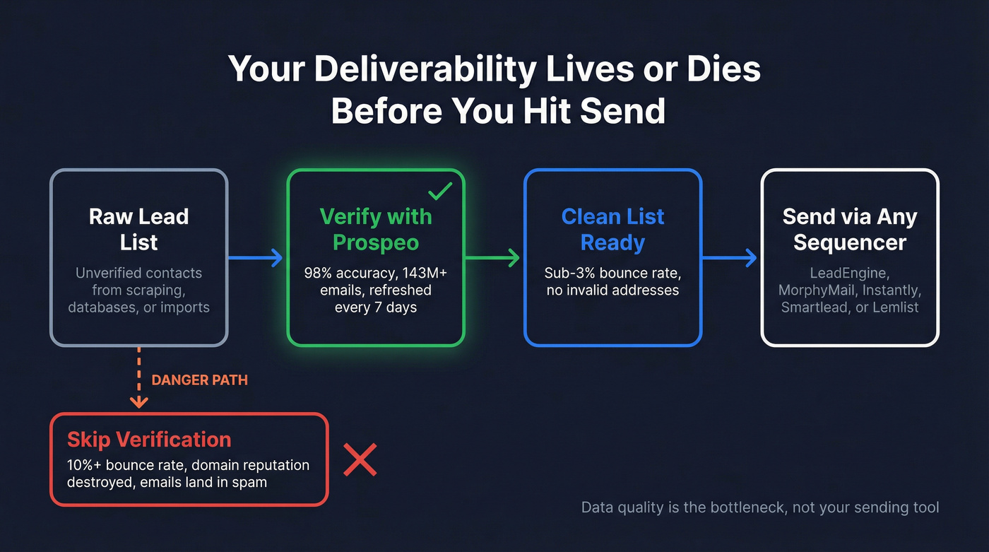 Cold email deliverability flow showing where data quality matters