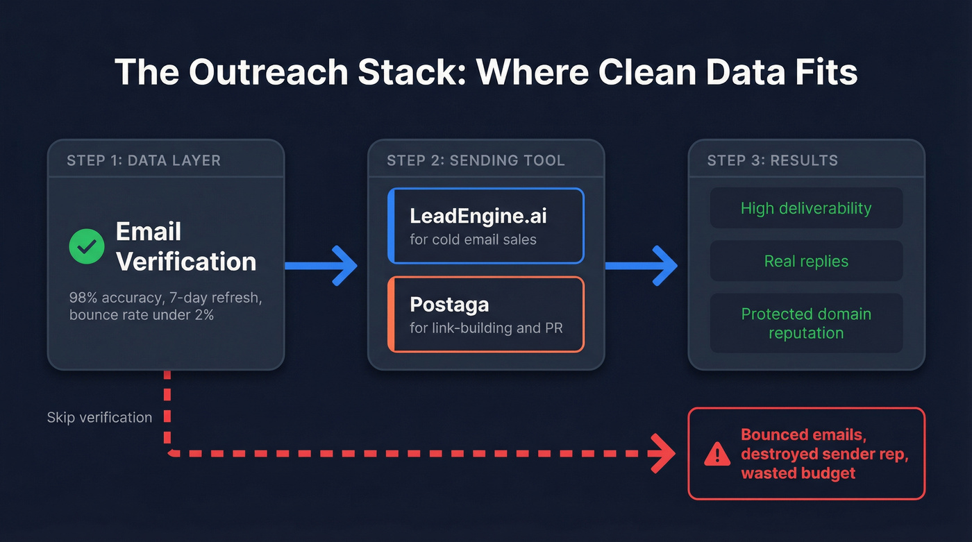 Data flow showing where email verification fits in the outreach stack
