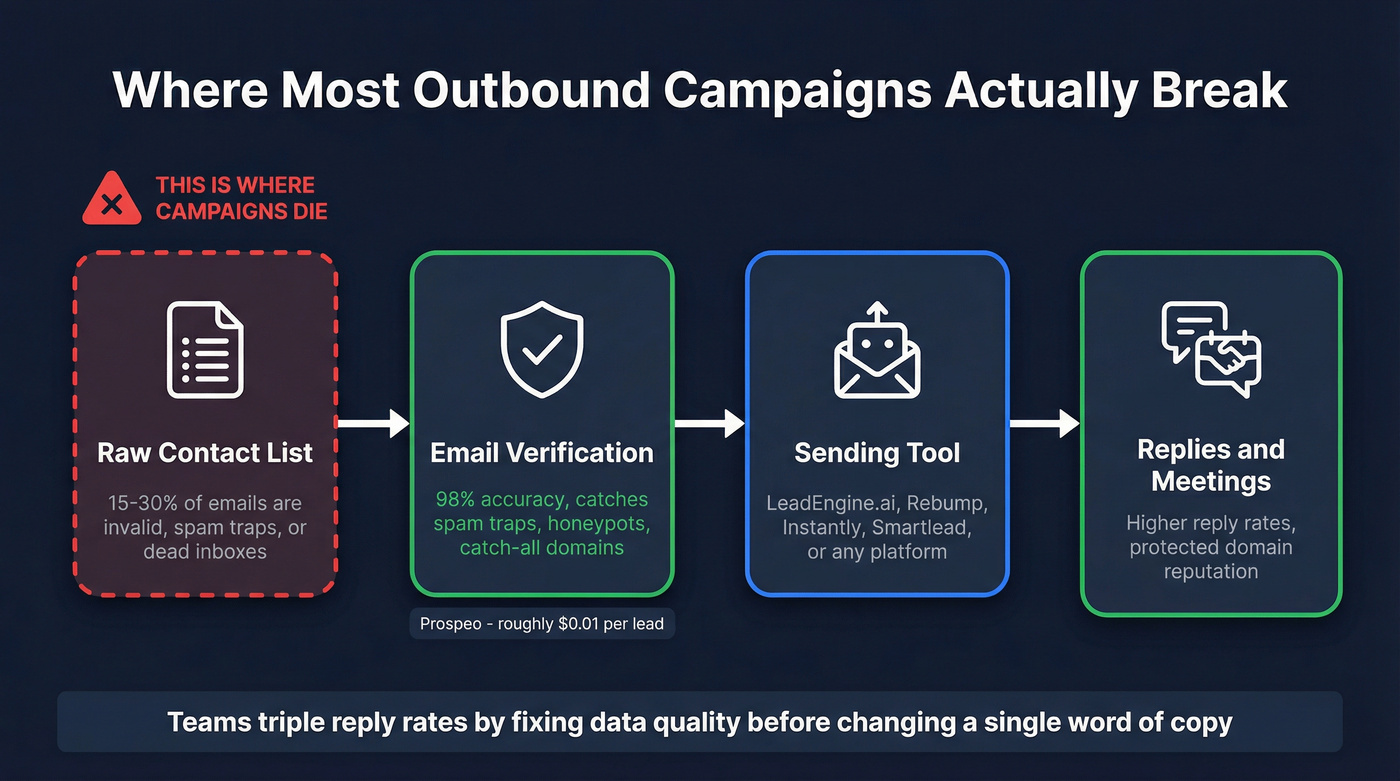 Outbound email workflow showing where data verification fits
