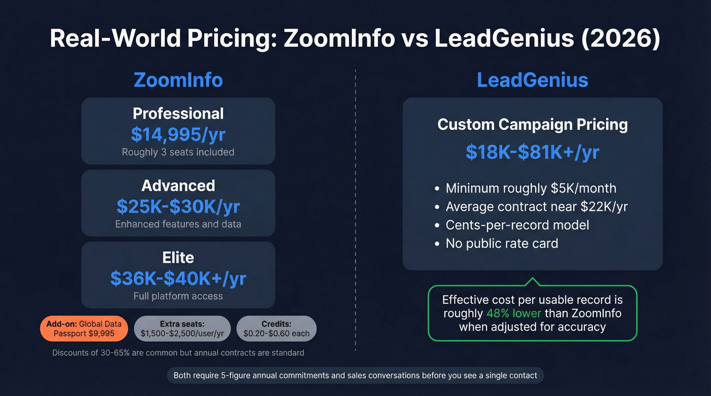 ZoomInfo and LeadGenius pricing tiers breakdown infographic