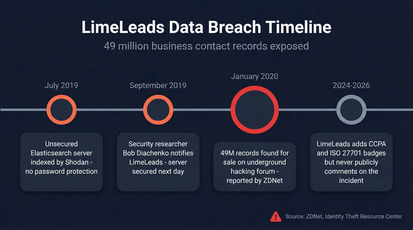 LimeLeads data breach incident timeline infographic