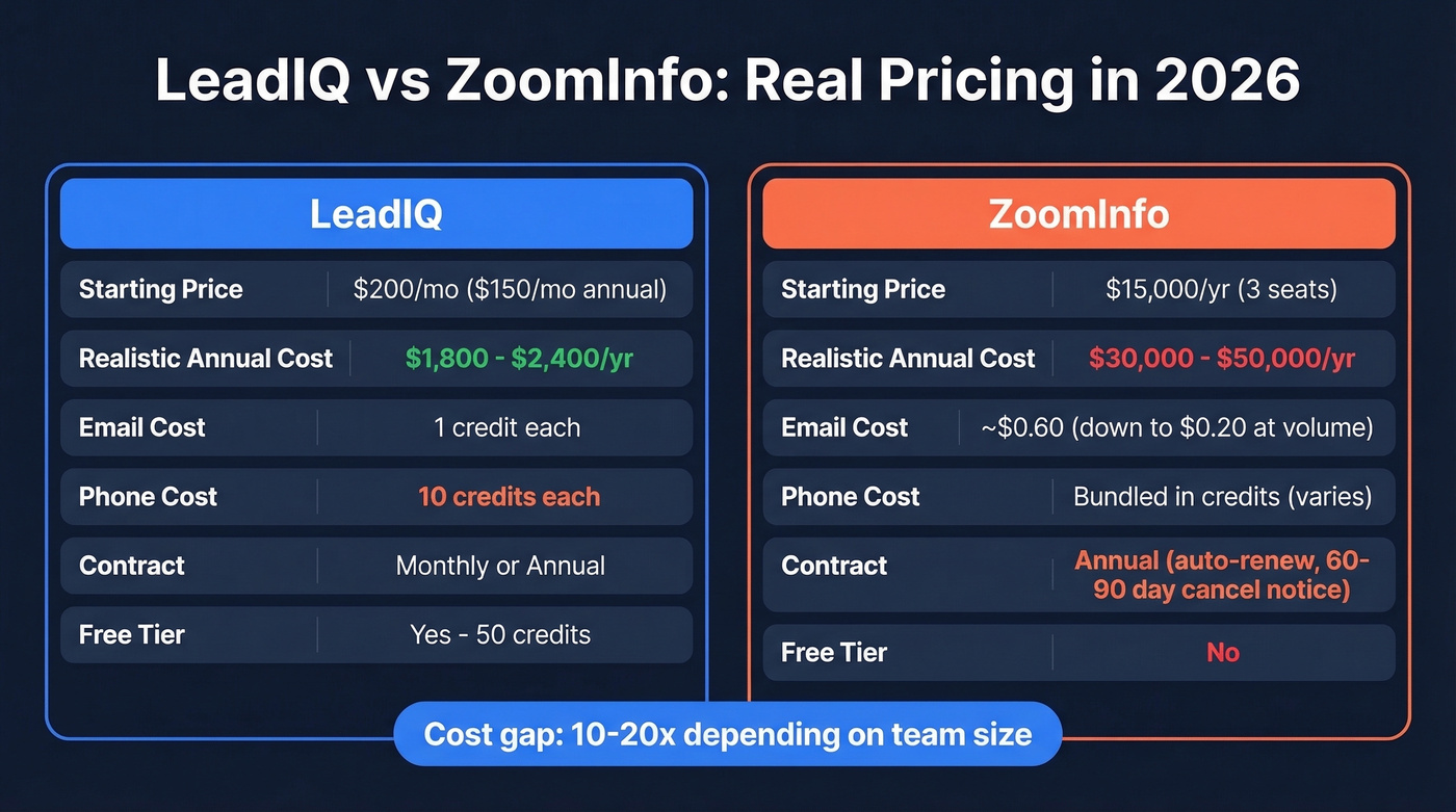 LeadIQ vs ZoomInfo pricing comparison with real costs