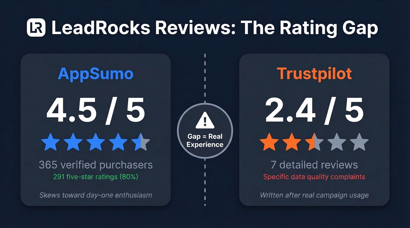 LeadRocks rating gap between AppSumo and Trustpilot