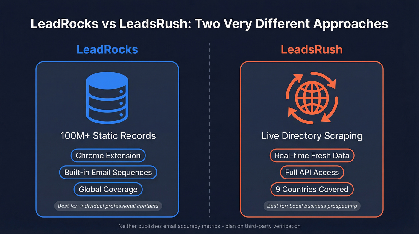 LeadRocks vs LeadsRush core approach comparison diagram