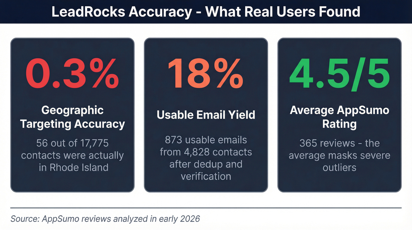 LeadRocks real user accuracy stats from AppSumo reviews