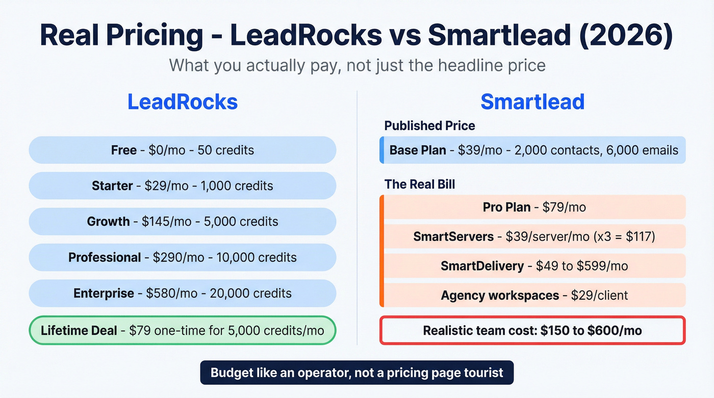 LeadRocks vs Smartlead real pricing comparison chart