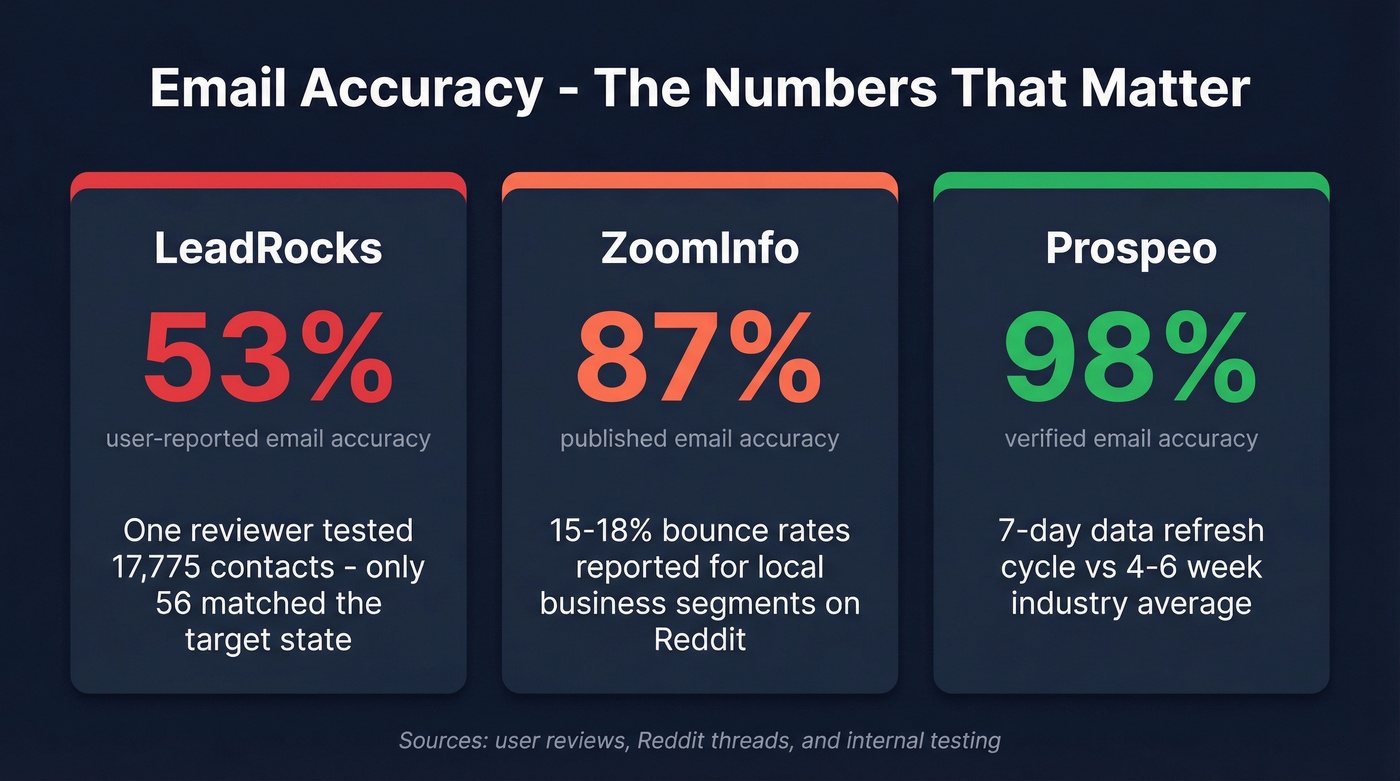 Email accuracy comparison stats for LeadRocks ZoomInfo and Prospeo