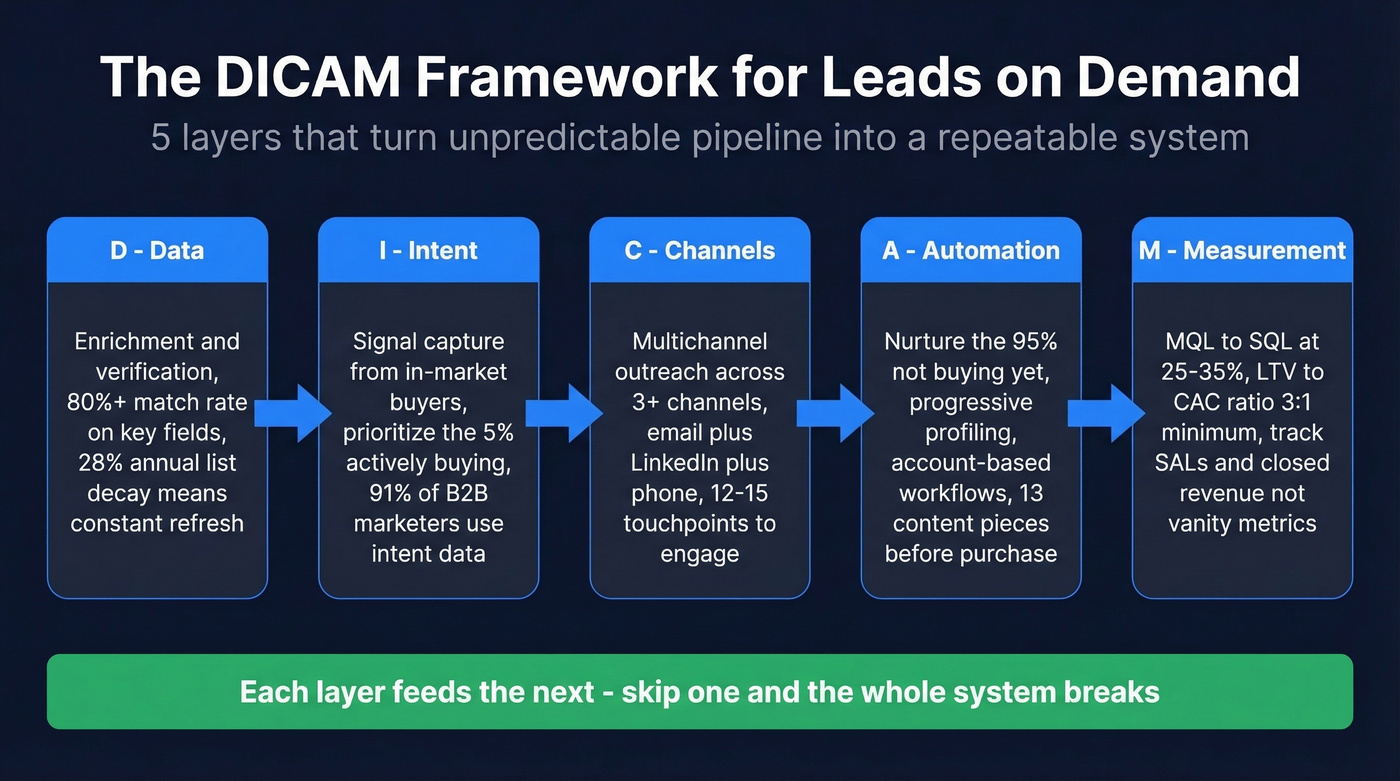 DICAM framework five-layer system diagram for leads on demand
