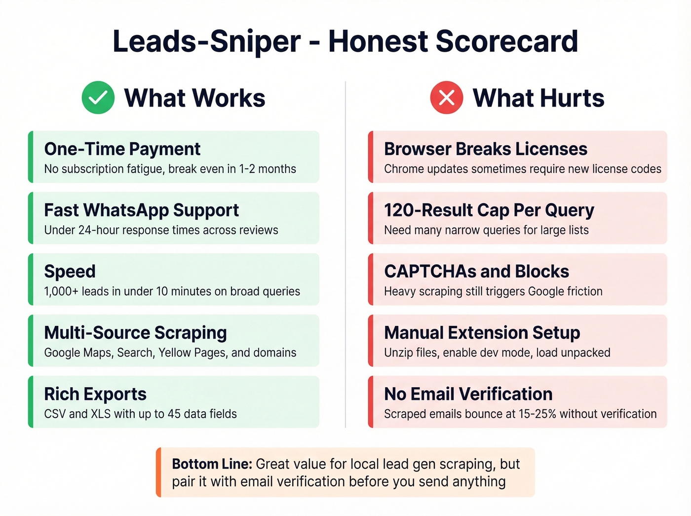 Leads-Sniper pros and cons visual scorecard summary