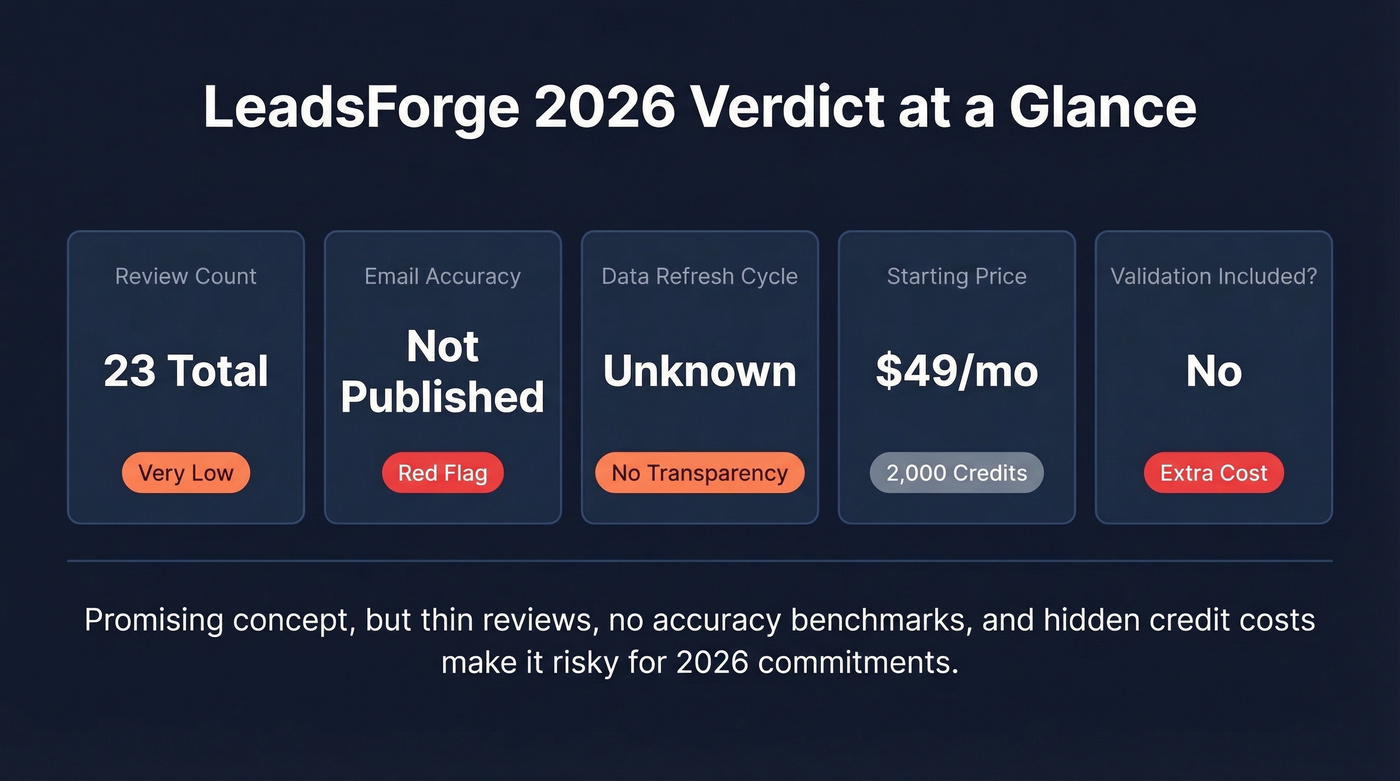 LeadsForge quick verdict scorecard with key metrics