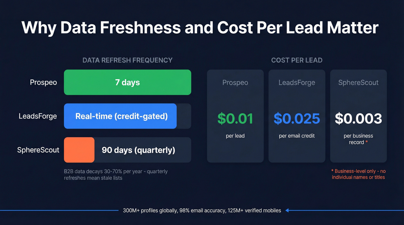 Data freshness and cost comparison across LeadsForge, SphereScout, and Prospeo
