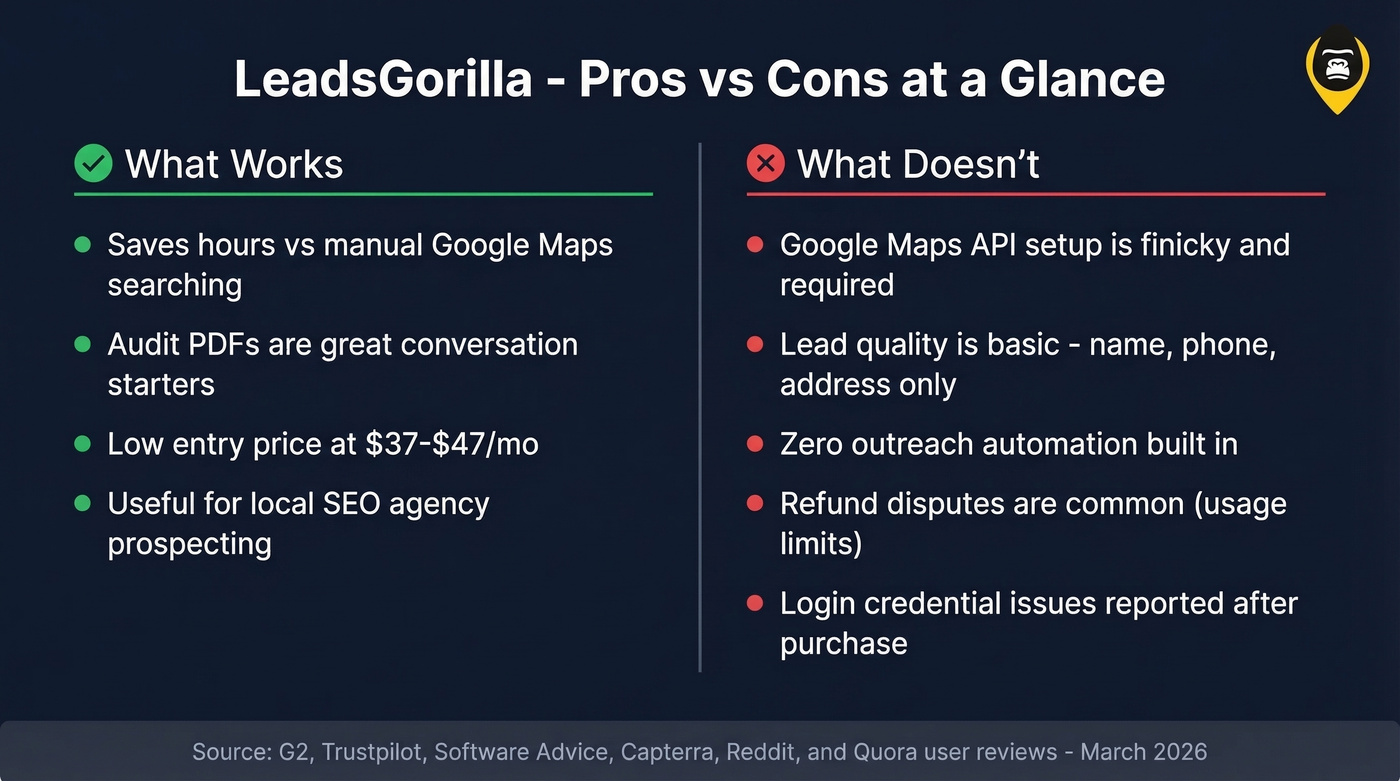 LeadsGorilla pros and cons visual summary card