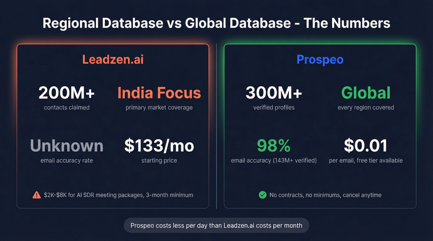 Leadzen.ai regional vs Prospeo global coverage stats