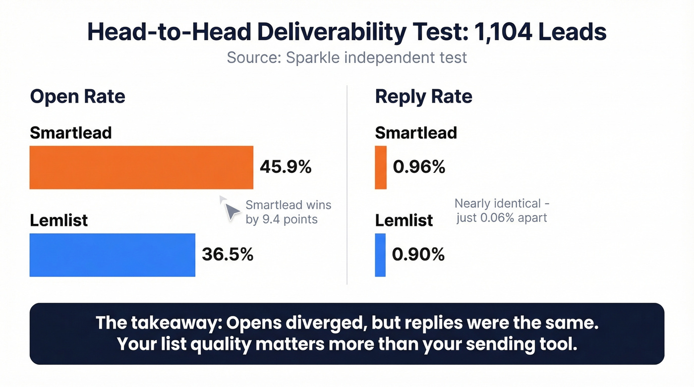 Deliverability test results comparing Smartlead and Lemlist open and reply rates