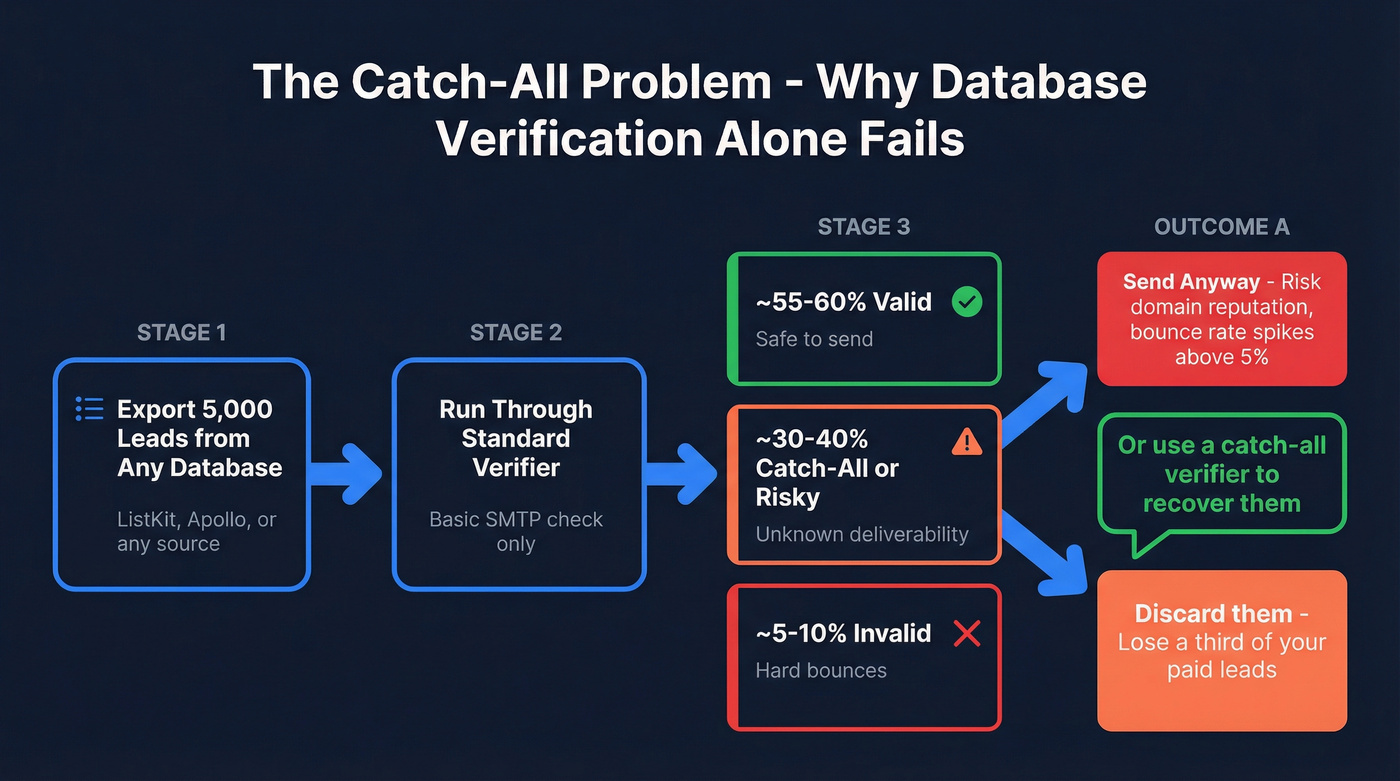 Flow chart showing the catch-all verification problem in cold email