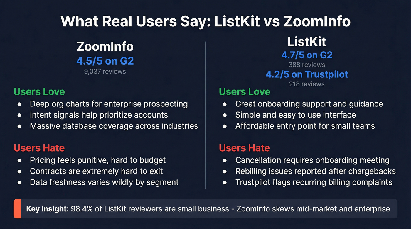 User review sentiment comparison for ListKit and ZoomInfo