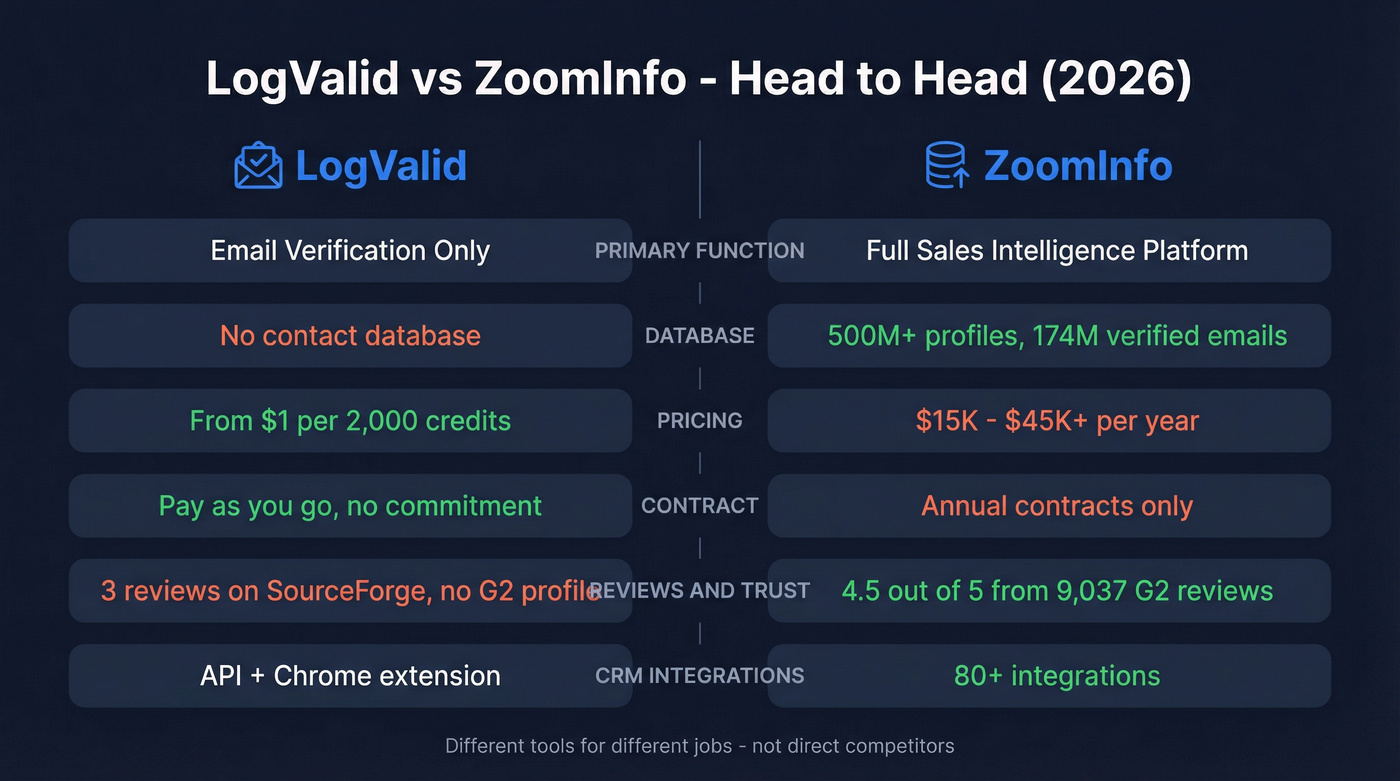 LogValid vs ZoomInfo head-to-head feature comparison diagram