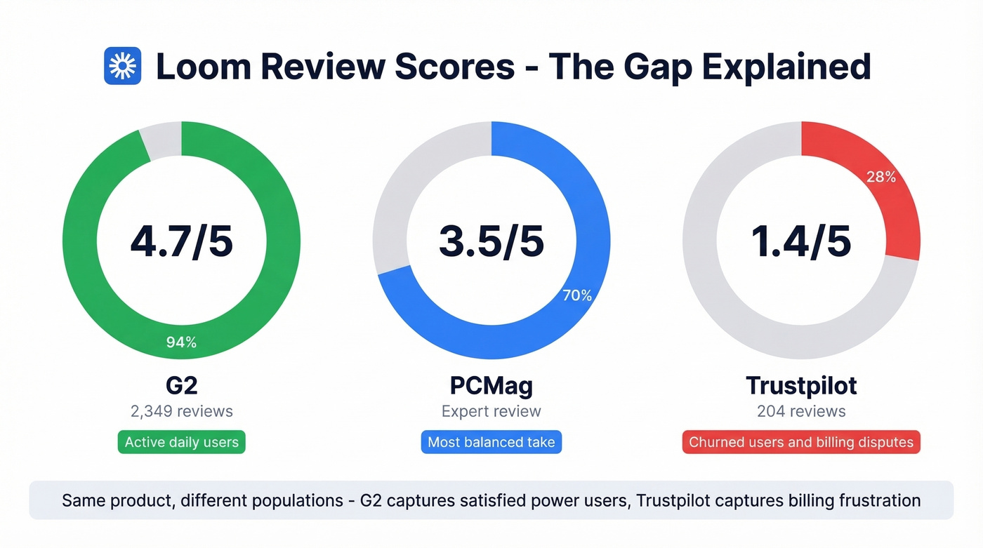 Loom review scores across G2 Trustpilot PCMag comparison