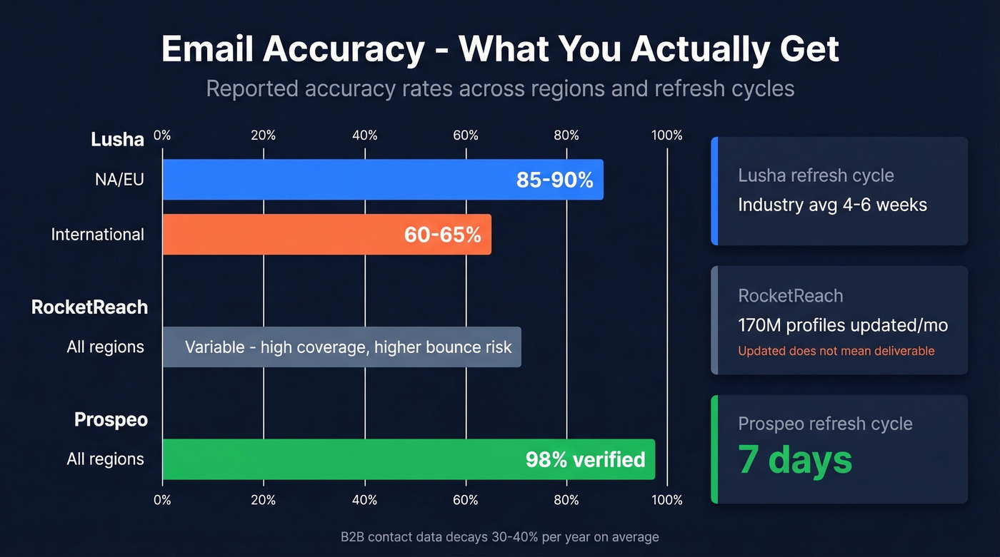 Email accuracy comparison across regions for all three tools