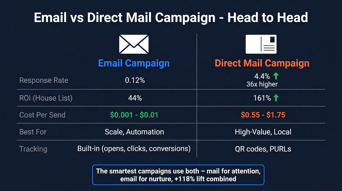 Email vs direct mail campaign comparison infographic