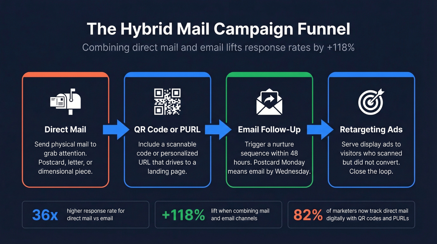 Hybrid mail campaign omnichannel funnel sequence diagram