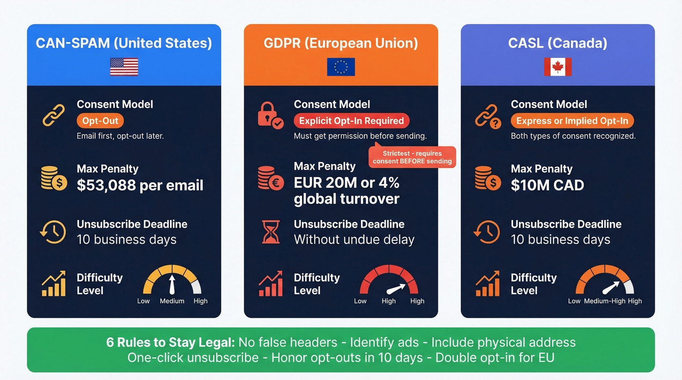 Visual comparison of CAN-SPAM vs GDPR vs CASL regulations