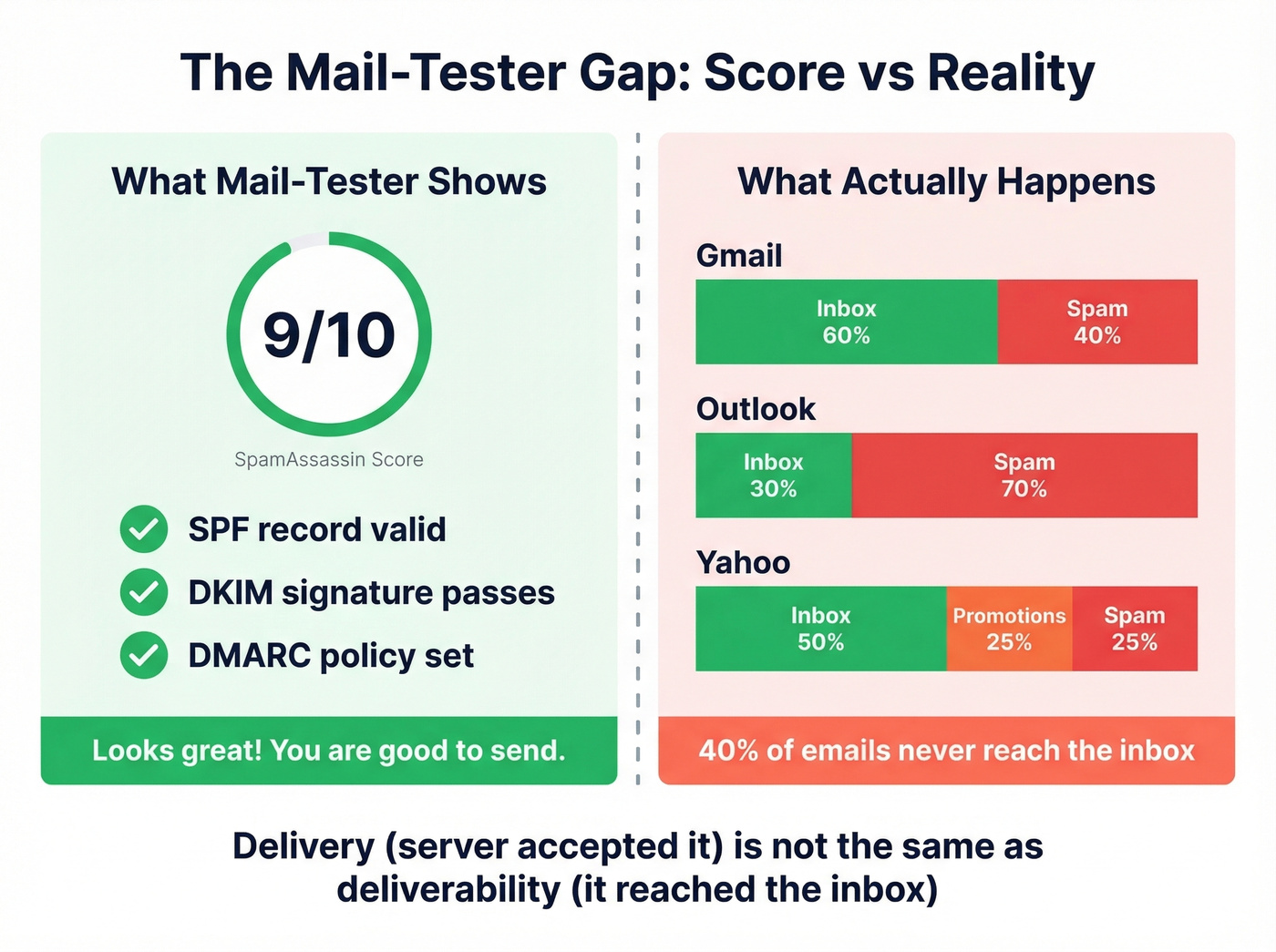 Mail-Tester score vs actual inbox placement gap