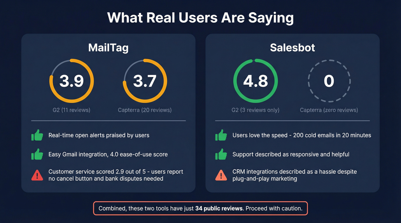 MailTag and Salesbot review scores and red flags summary