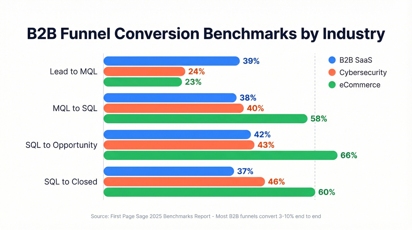 Stage-level funnel conversion benchmarks by industry